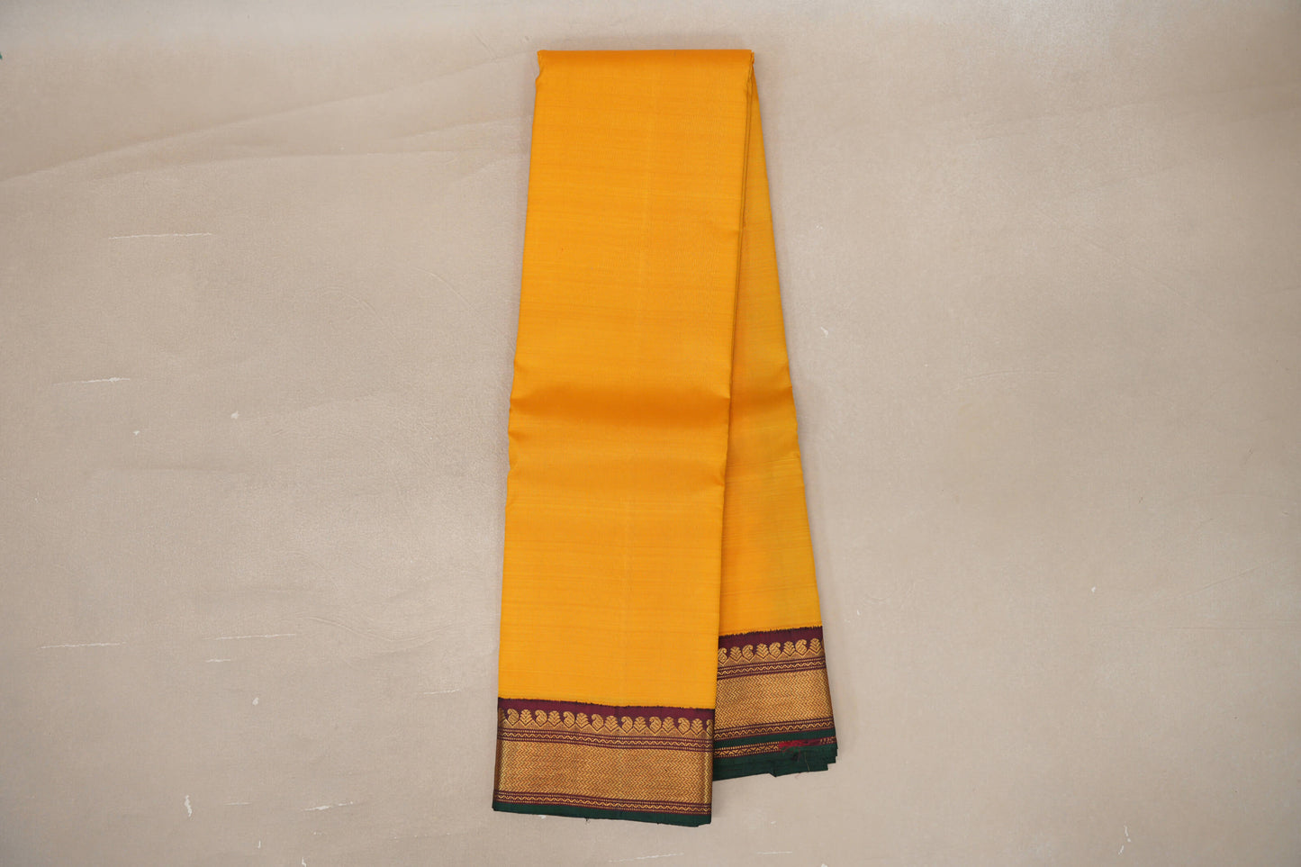 Plain Turmeric Yellow with Reddish Maroon Borders Vintage Kanjivaram Silk Saree by Shreenivas Silks PSSR019418