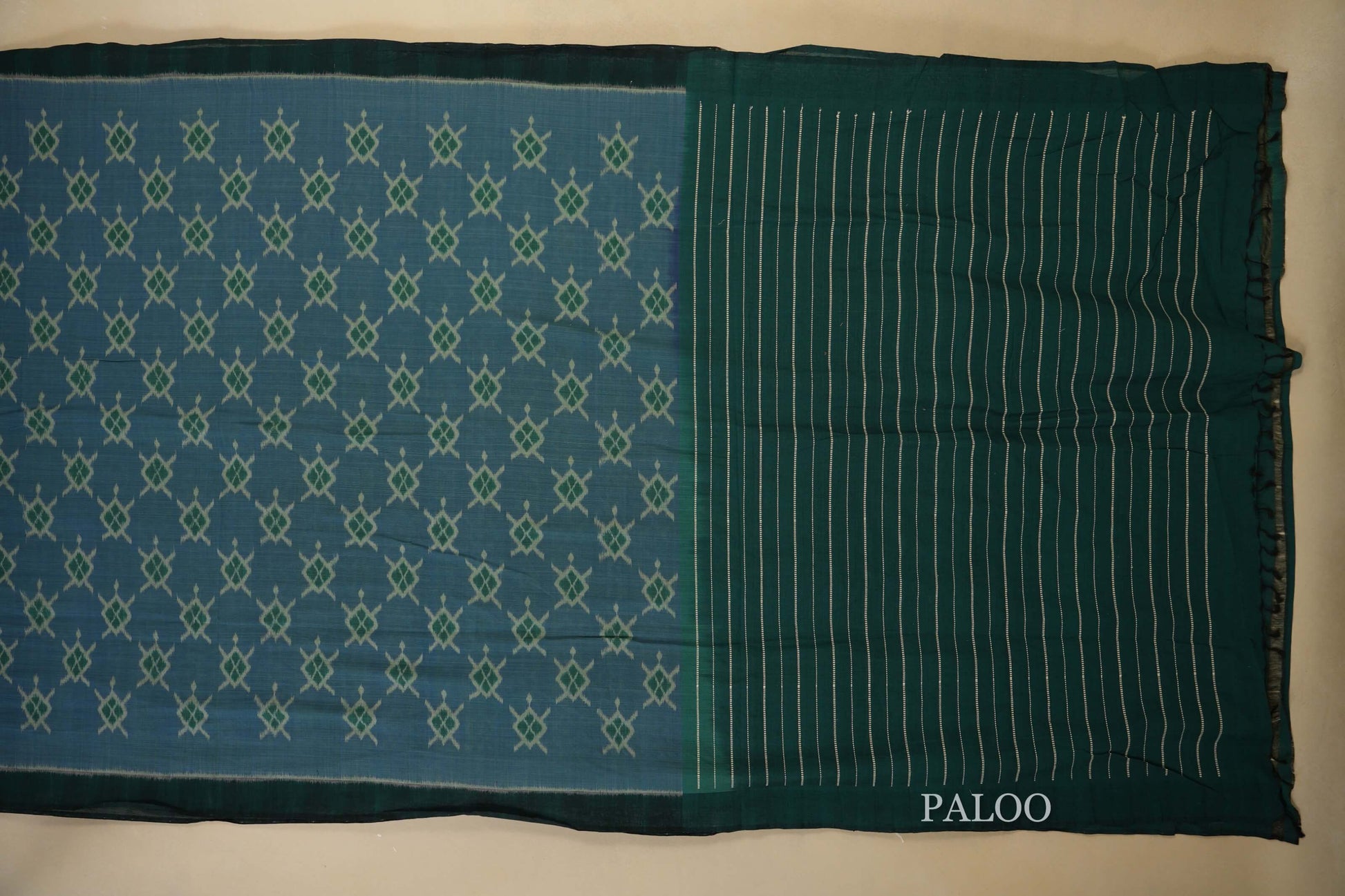 Greenish Blue Dual Tone with Green Borders Ikat Cotton Saree Paloo