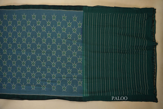 Greenish Blue Dual Tone with Green Borders Ikat Cotton Saree Paloo