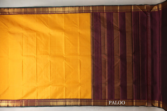 Plain Turmeric Yellow with Reddish Maroon Borders Vintage Kanjivaram Silk Saree paloo