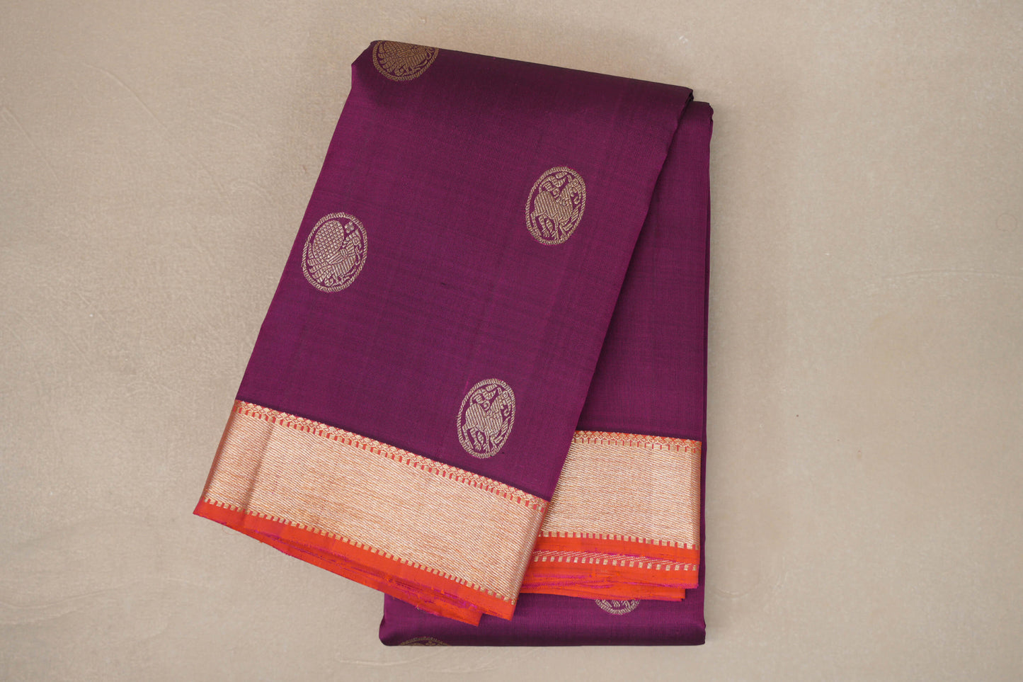 Deep Magenta with Pinkish Orange Borders Vintage Kanjivaram Silk Saree by Shreenivas Silks PSSR019419