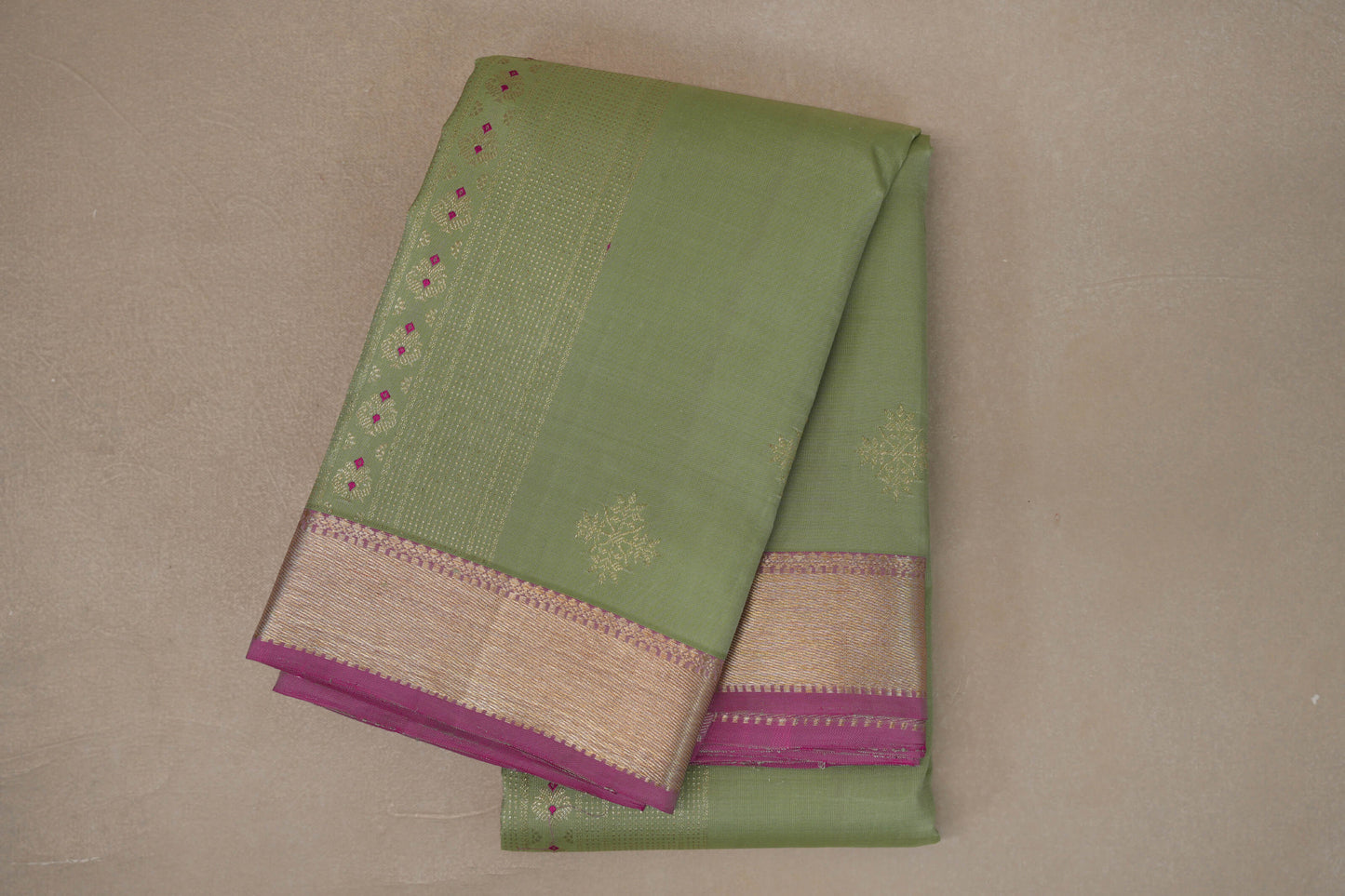 Pistachio Green with Dusty Pink Borders Vintage Kanjivaram Silk Saree by Shreenivas Silks PSSR019420
