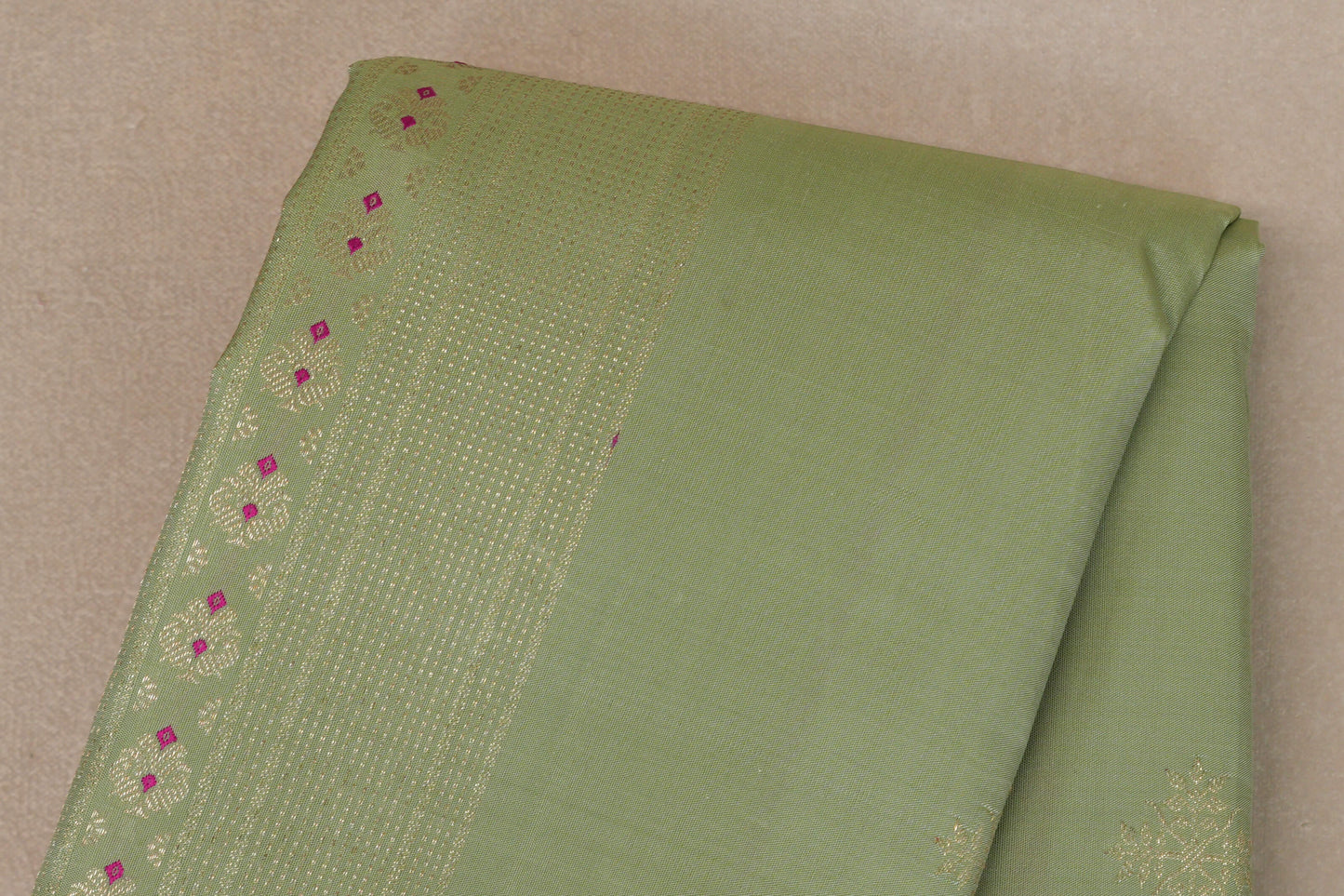 Pistachio Green with Dusty Pink Borders Vintage Kanjivaram Silk Saree by Shreenivas Silks PSSR019420