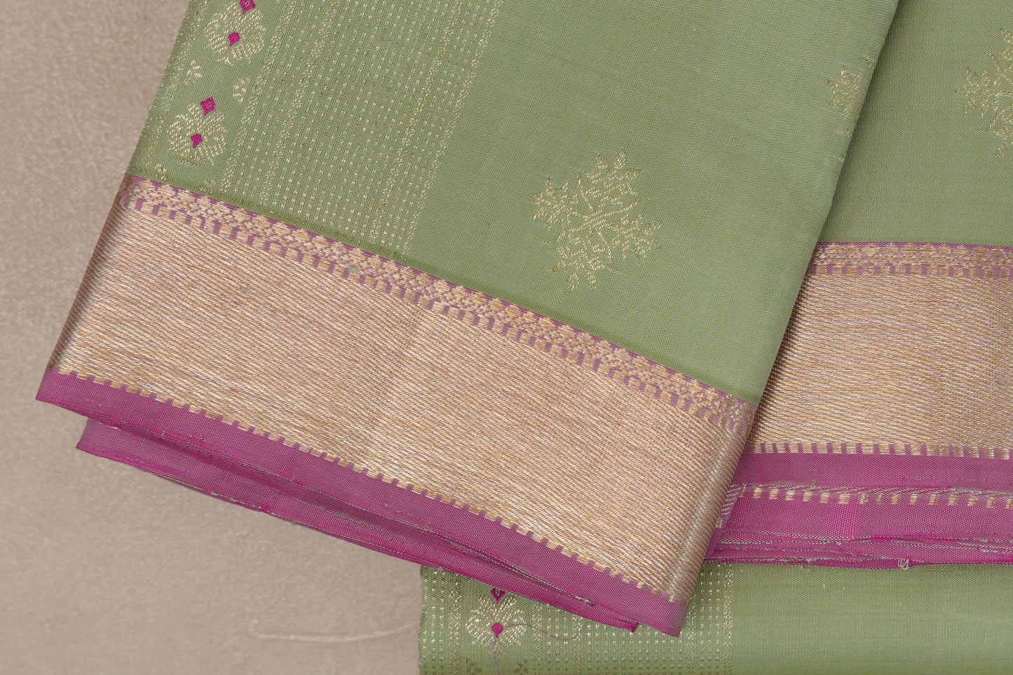 Pistachio Green with Dusty Pink Borders Vintage Kanjivaram Silk Saree by Shreenivas Silks PSSR019420