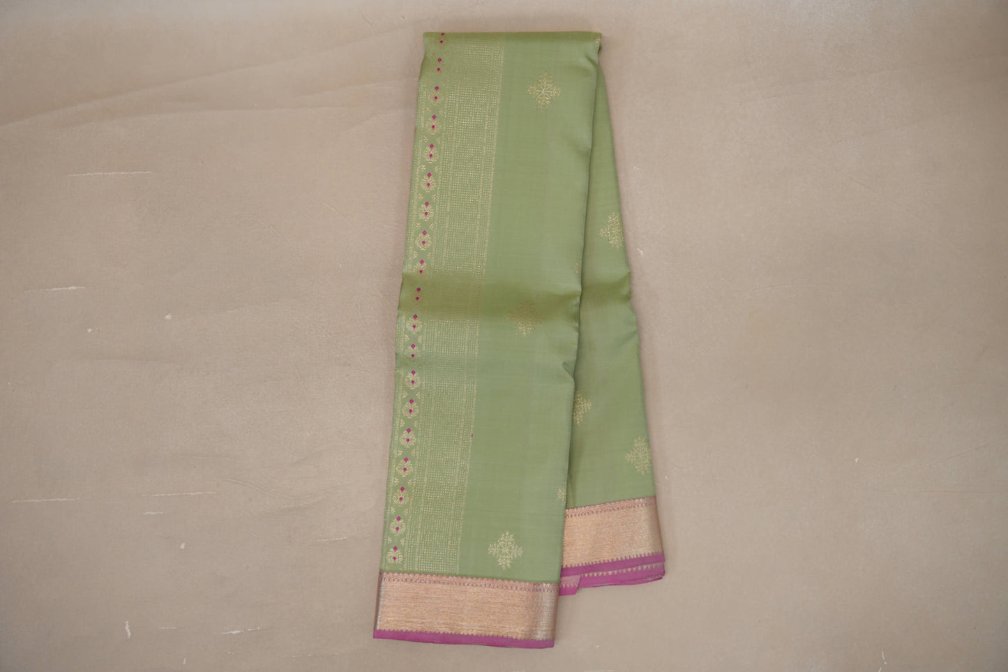 Pistachio Green with Dusty Pink Borders Vintage Kanjivaram Silk Saree by Shreenivas Silks PSSR019420