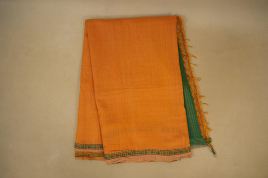 Folded Mustard with Green Borders Ikat Cotton Saree