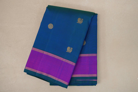 Peacock Blue with magenta Borders Vintage Kanjivaram Silk Saree by Shreenivas Silks PSSR019423