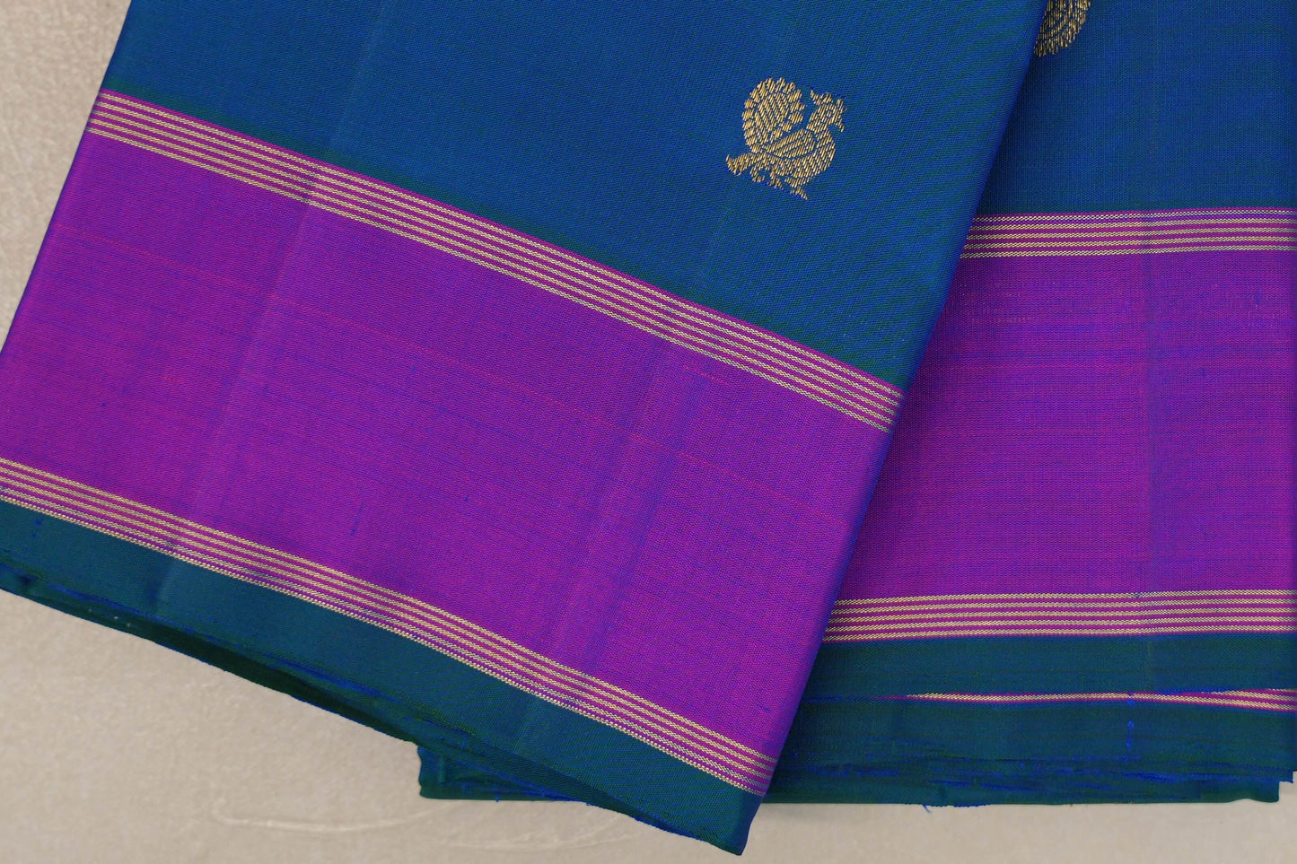 Peacock Blue with magenta Borders Vintage Kanjivaram Silk Saree by Shreenivas Silks PSSR019423