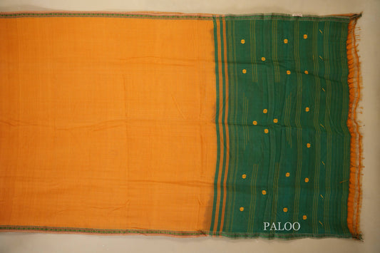 Mustard with Green Borders Ikat Cotton Saree Paloo