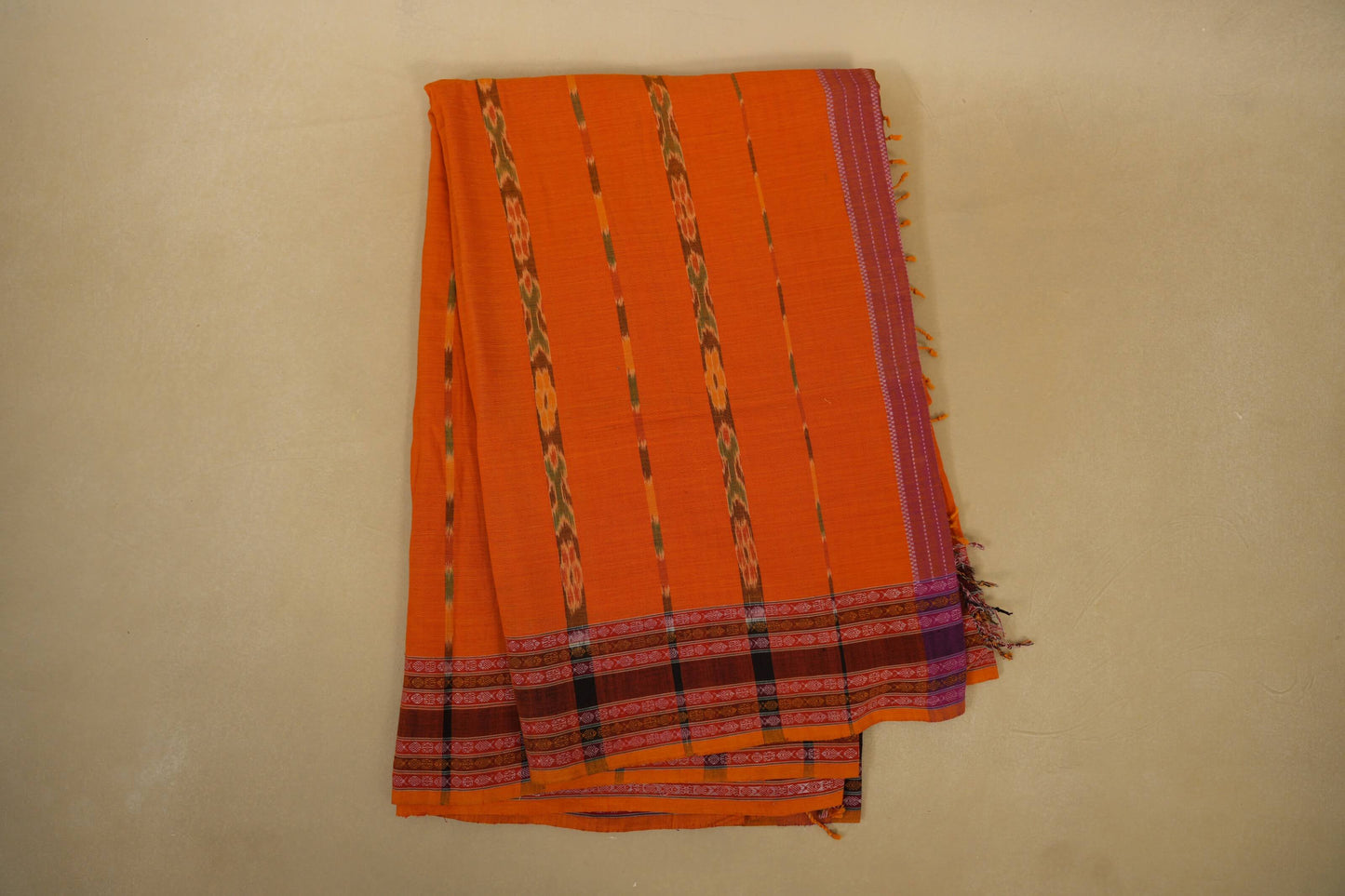 Folded Orange with Multi Color Borders Ikat Cotton Saree