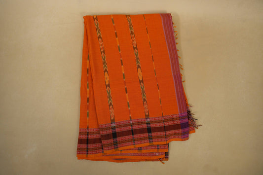Folded Orange with Multi Color Borders Ikat Cotton Saree