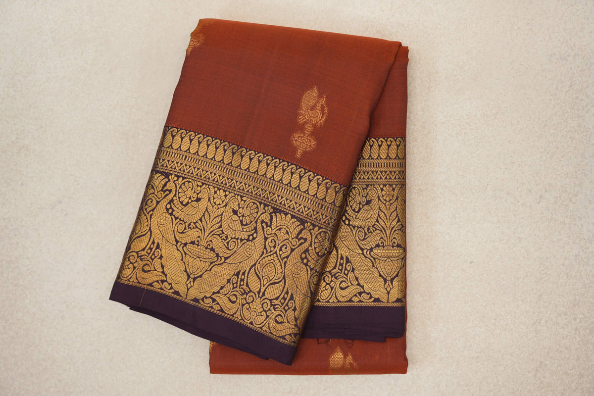 folded Dark Rust Vintage Kanjivaram Silk Saree 