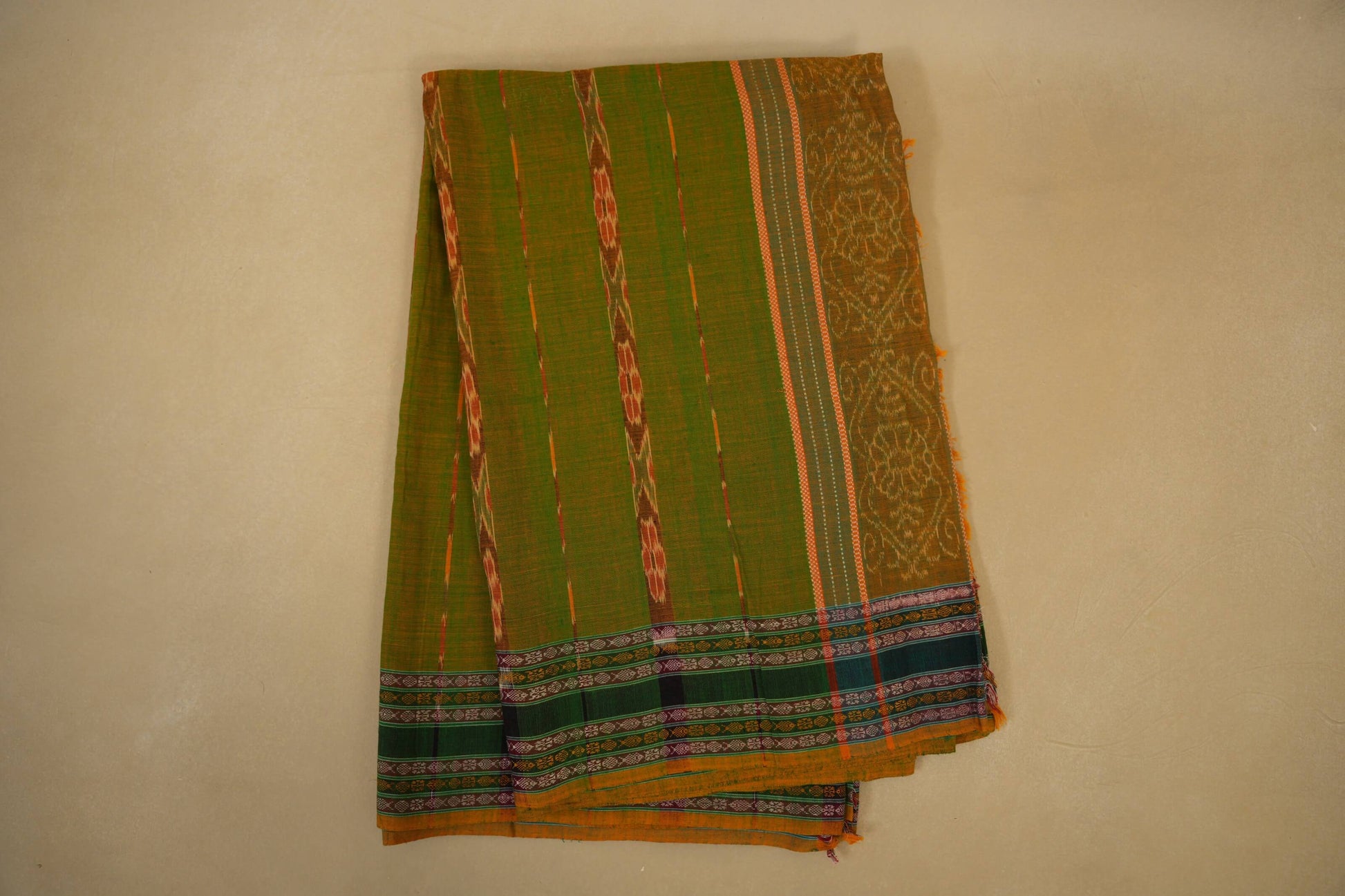 Folded Multi color with Green Borders Odissa Eri Cotton Saree