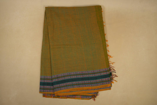 Folded Mehandi Green with Peacock Blue Borders Ikat Cotton Saree