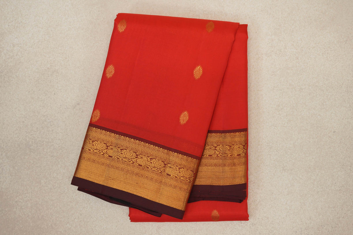 folded Bright Tomato Red Vintage Kanjivaram Silk Saree 