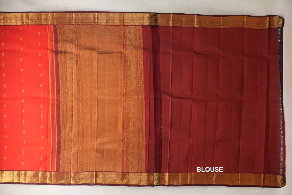 Bright Tomato Red Vintage Kanjivaram Silk Saree  blouse