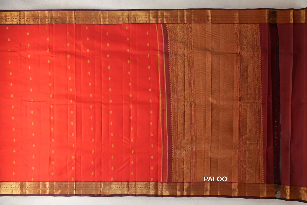 Bright Tomato Red Vintage Kanjivaram Silk Saree  paloo