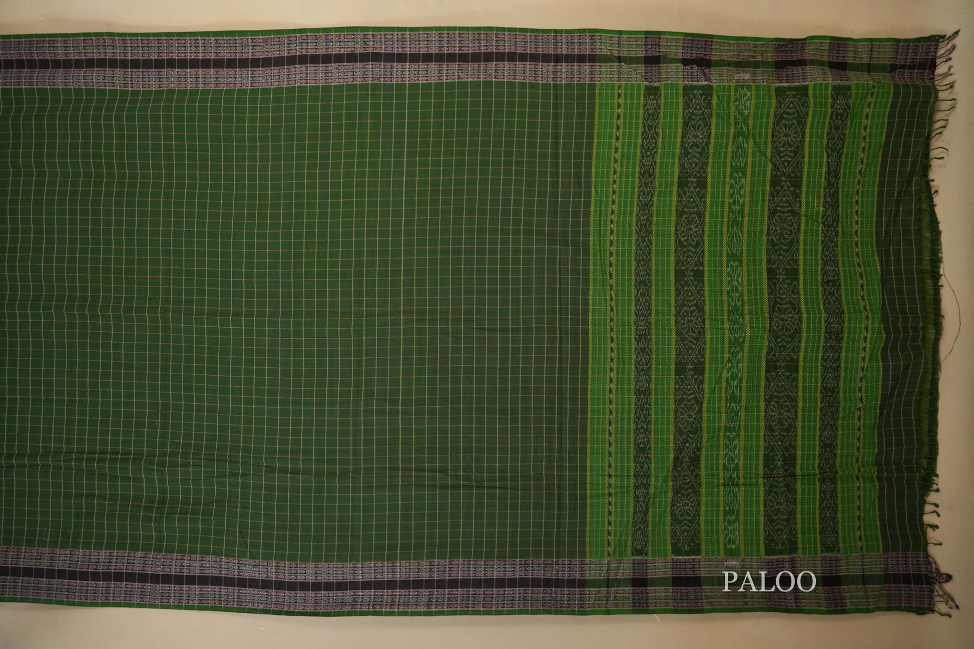 Green with Purple Borders Ikat Cotton Saree Paloo
