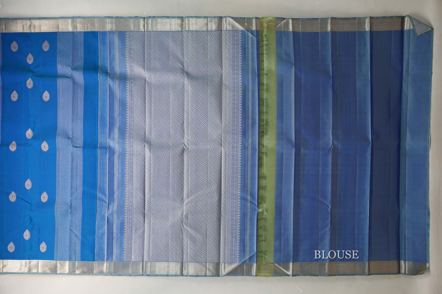 Peacock Blue with bluish grey Borders Vintage Kanjivaram Silk Saree by Shreenivas Silks PSSR019429