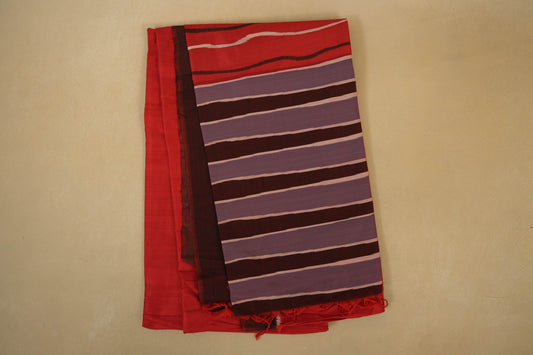 Folded Reddish Orange with Coffee Brown Borders Ikat Silk Saree