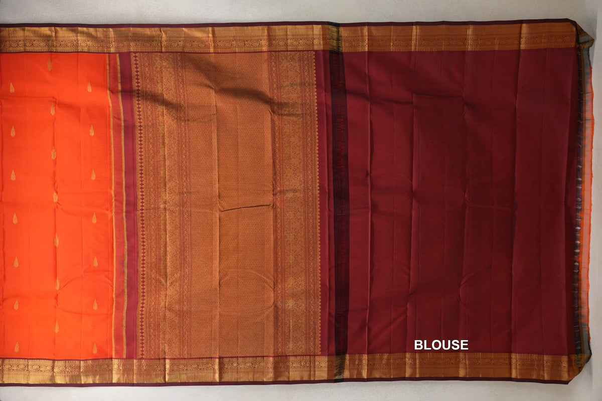 Bright Reddish Orange Vintage Kanjivaram Silk Saree blouse