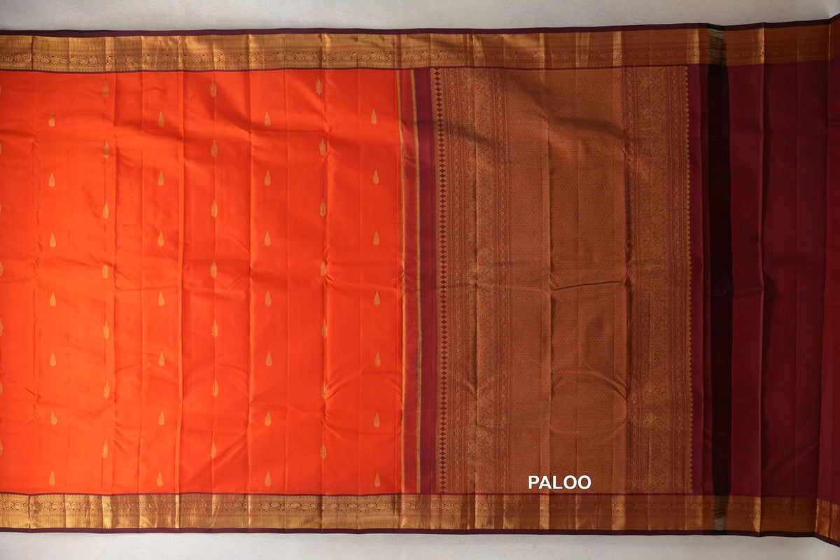 Bright Reddish Orange Vintage Kanjivaram Silk Saree paloo