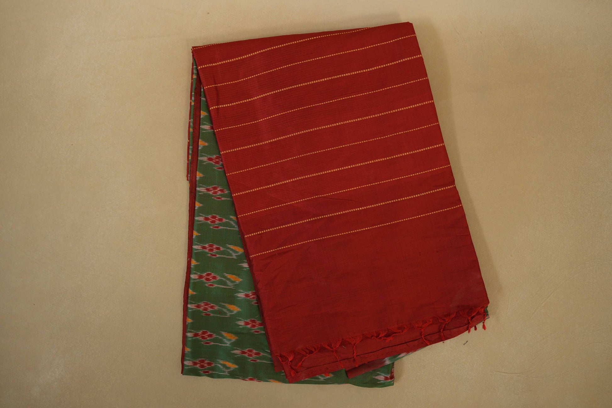 Folded Multi Color with Maroon Borders Ikat Silk Saree