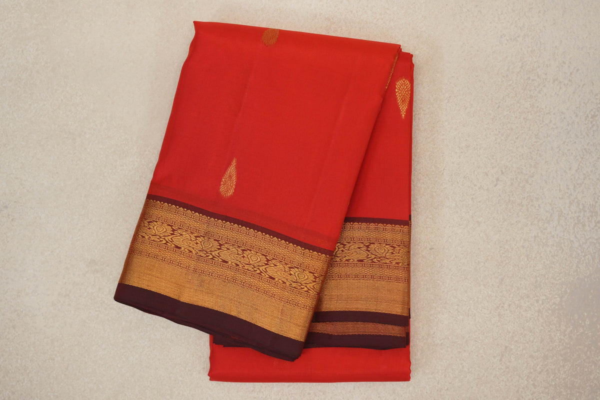 folded Bright Tomato Red Vintage Kanjivaram Silk Saree 