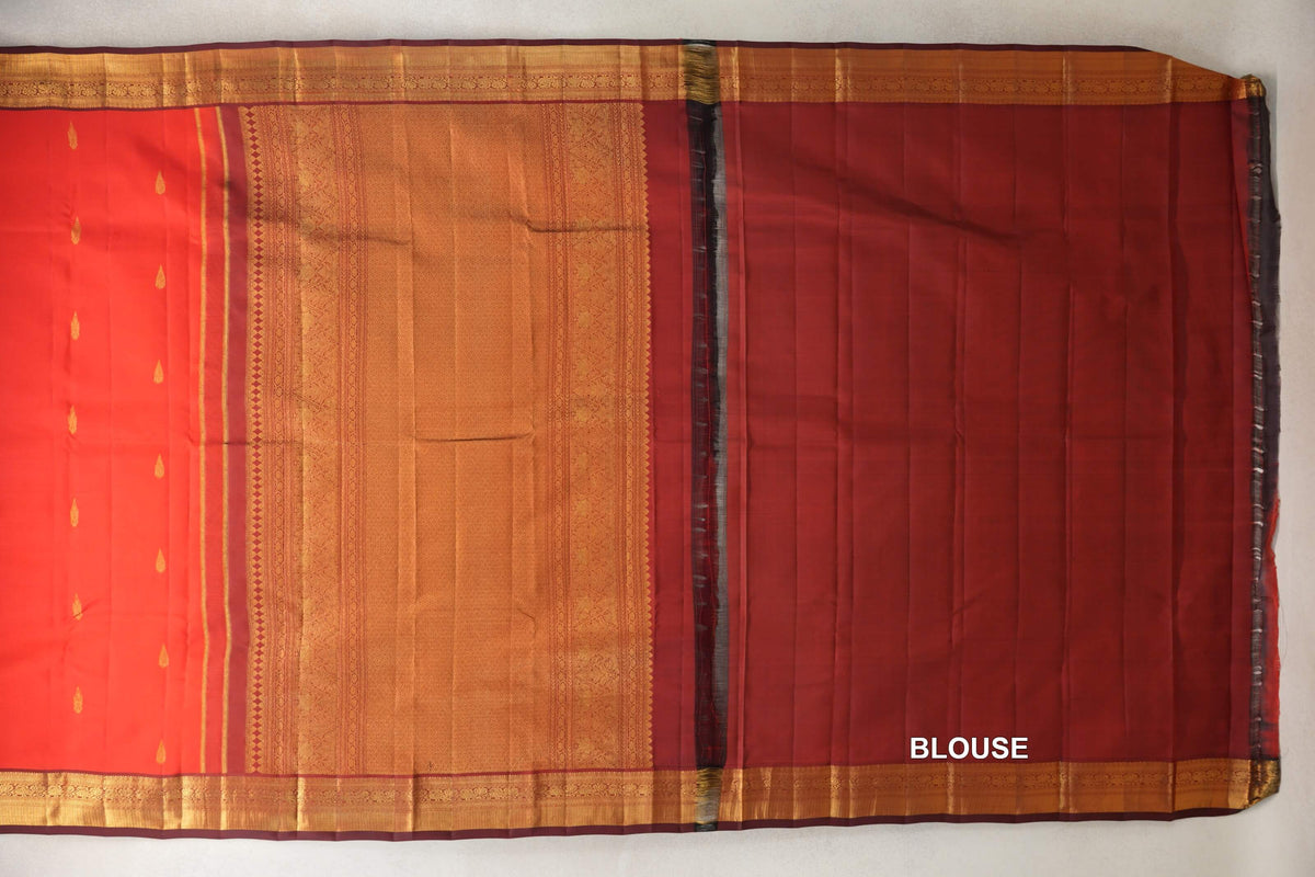 Bright Tomato Red Vintage Kanjivaram Silk Saree blouse