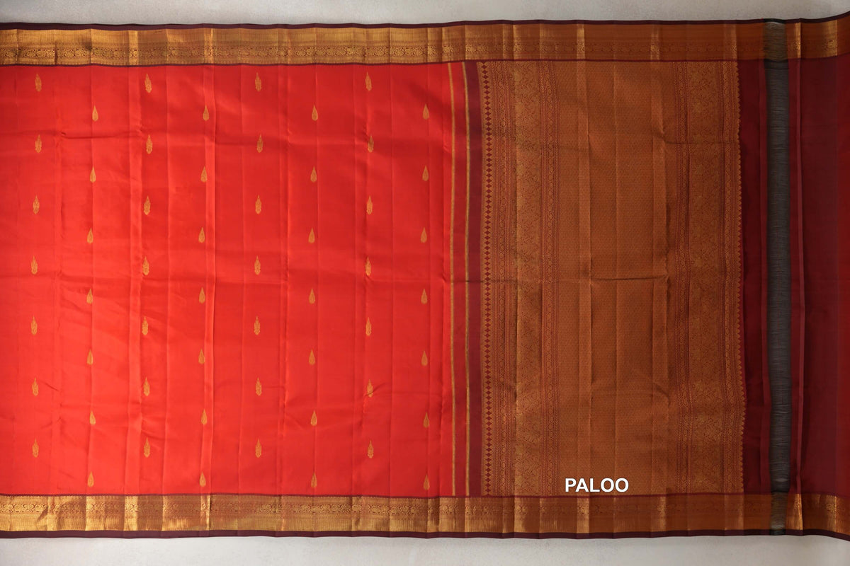 Bright Tomato Red Vintage Kanjivaram Silk Saree paloo