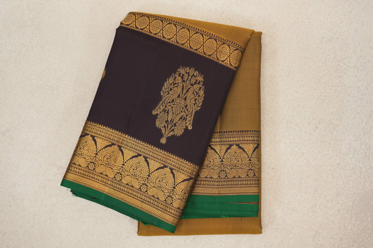 folded Golden olive Light Weight Kanchipuram Silk Saree
