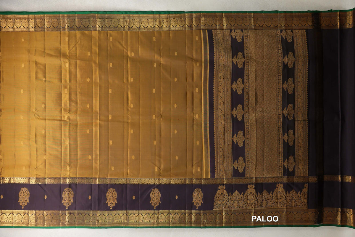 Golden olive Light Weight Kanchipuram Silk Saree paloo