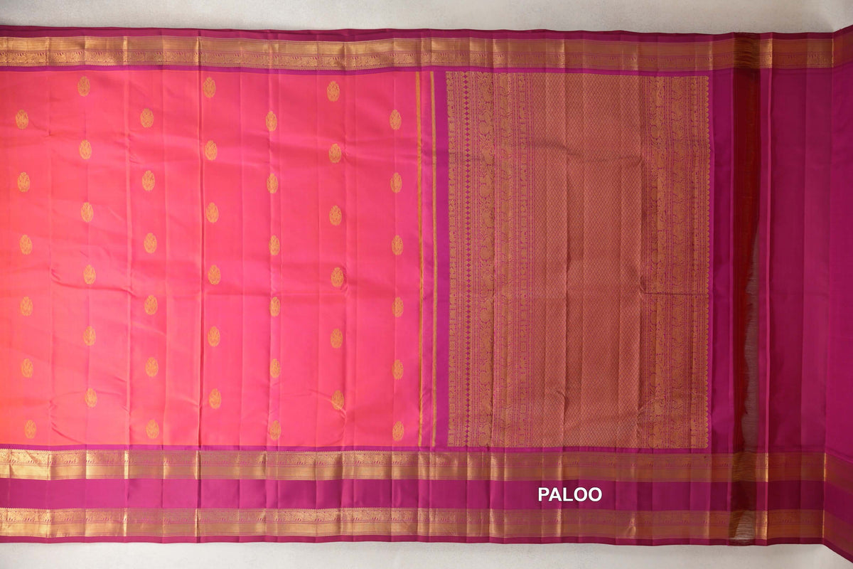 Orangish Pink Light Weight Kanchipuram Silk Saree paloo