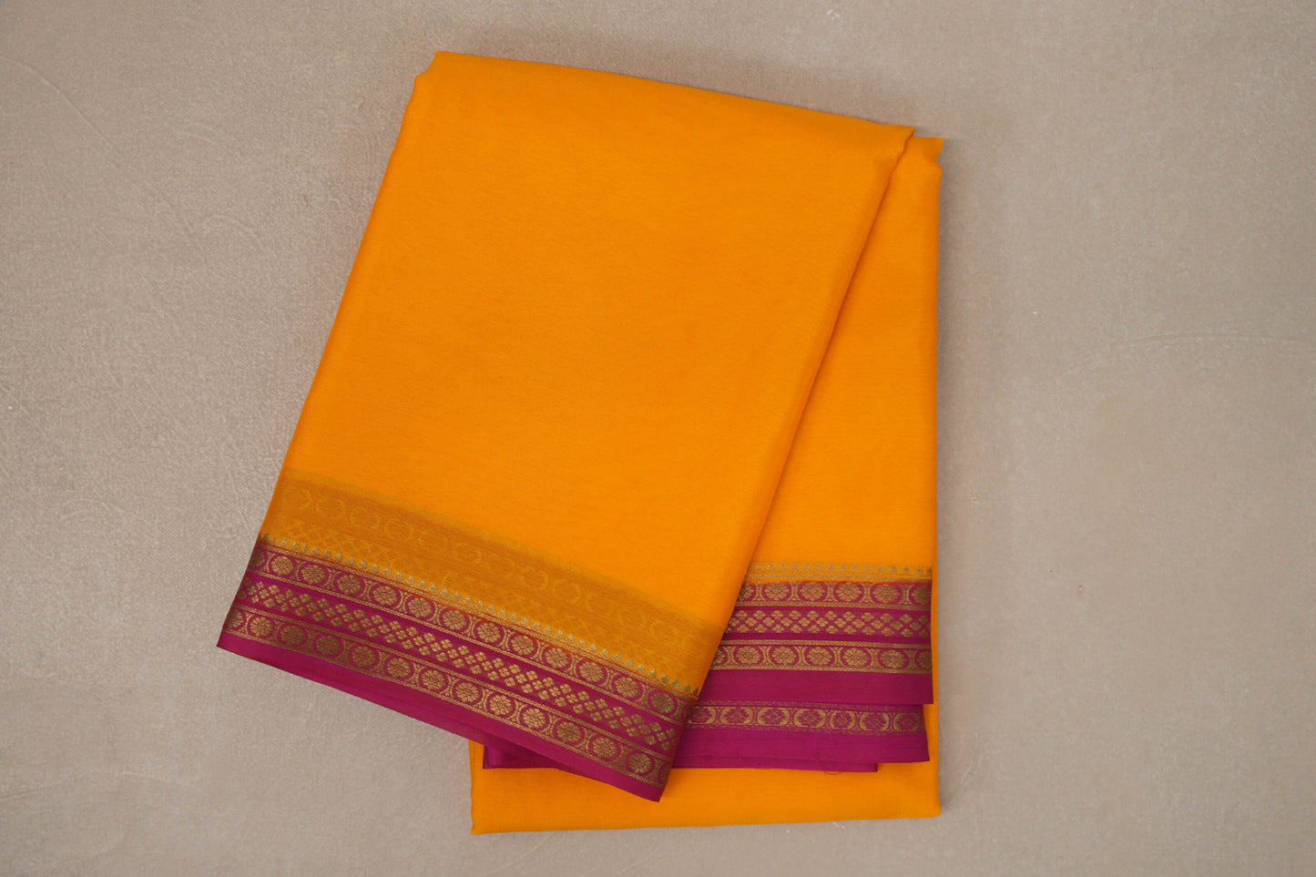 Mango Yellow with Rani Pink Borders Mysore Silk Saree by Shreenivas Silks PSSR019450