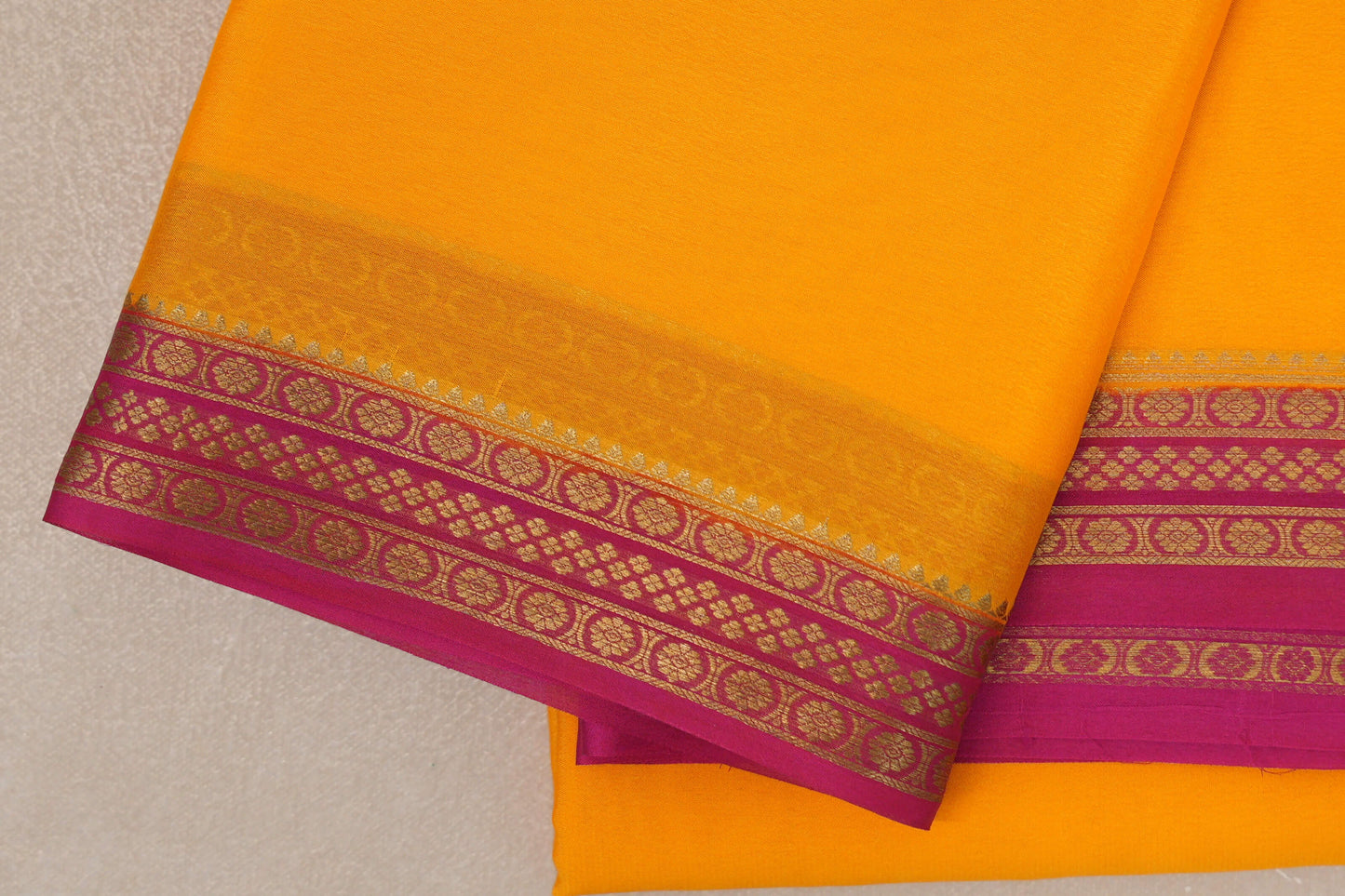Mango Yellow with Rani Pink Borders Mysore Silk Saree by Shreenivas Silks PSSR019450