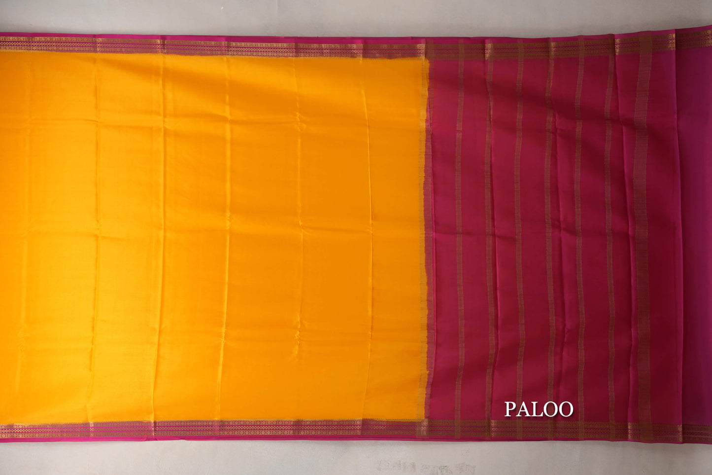Mango Yellow with Rani Pink Borders Mysore Silk Saree by Shreenivas Silks PSSR019450