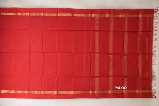 Vermilion Red Maheshwari silk cotton saree spread flat, showing the pallu with gold-toned stripes, matching borders and red tassels.