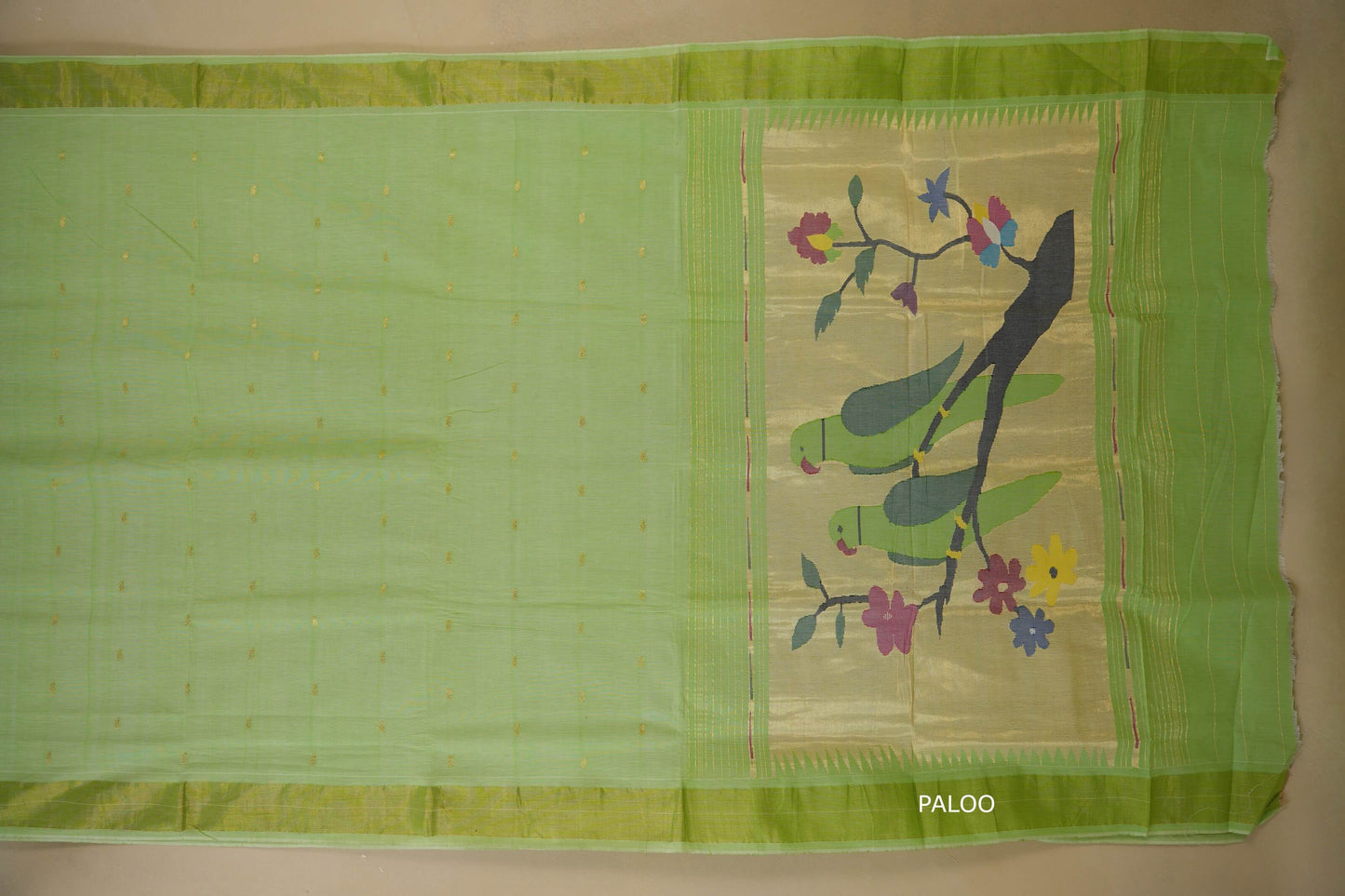 Pista green Paithani Cotton Saree paloo