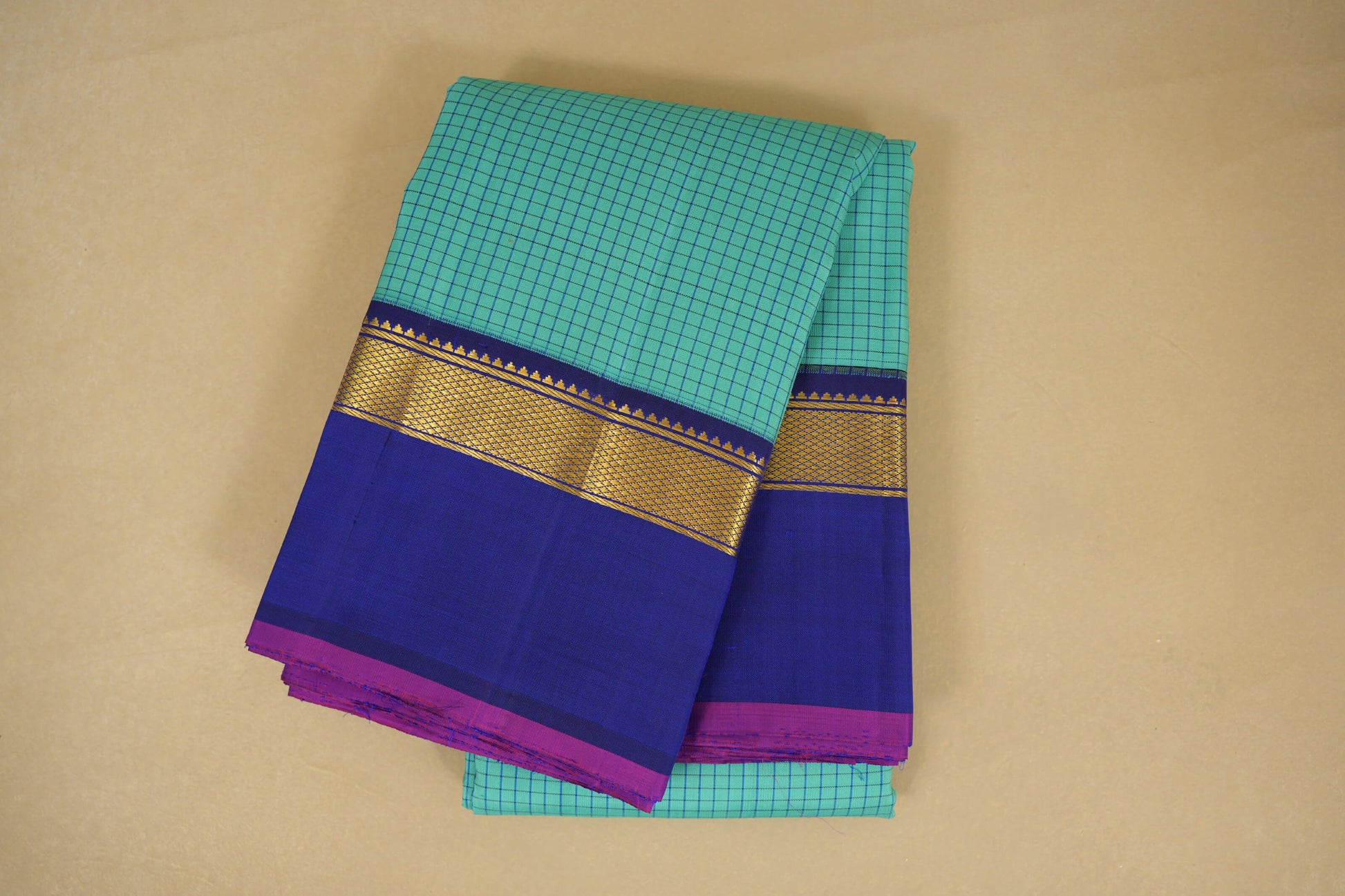 Folded Teal Blue with Violet Borders Vintage Kanjivaram Silk Saree 
