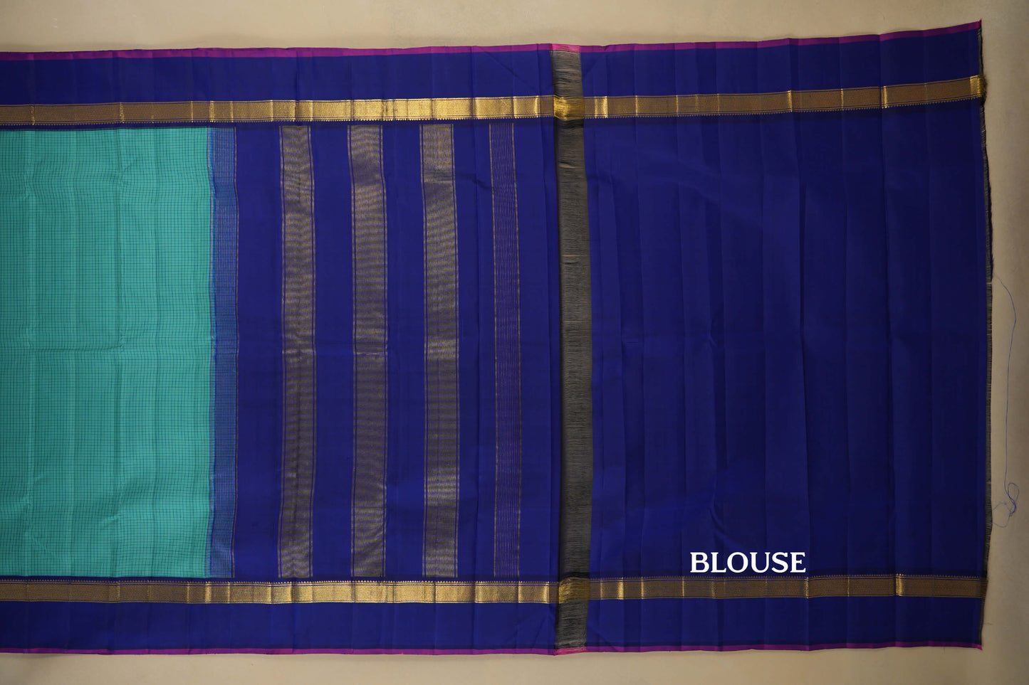 Teal Blue with Violet Borders Vintage Kanjivaram Silk Saree  Blouse