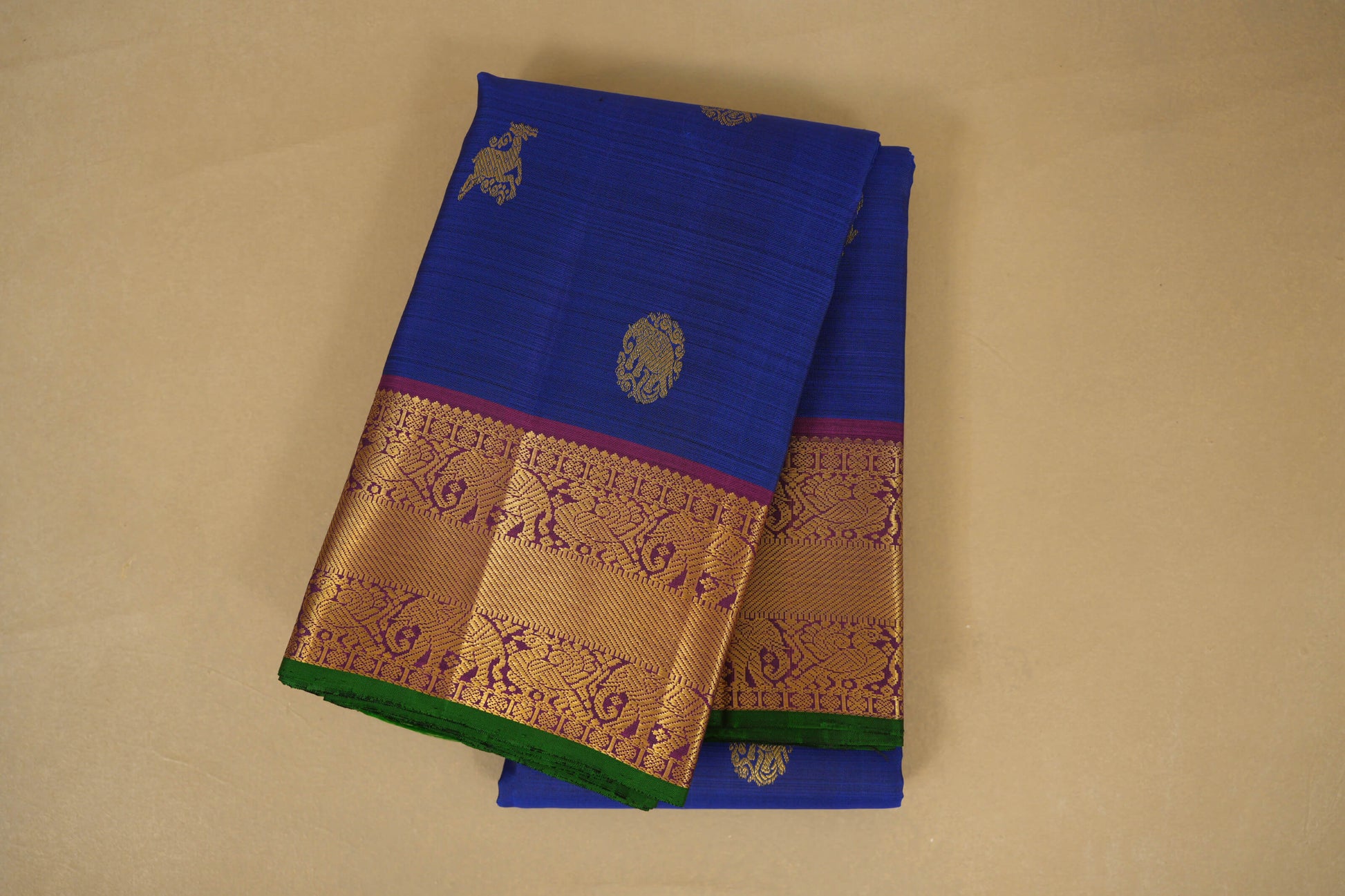 Folded Blue with Magenta Borders Vintage Kanjivaram Silk Saree 