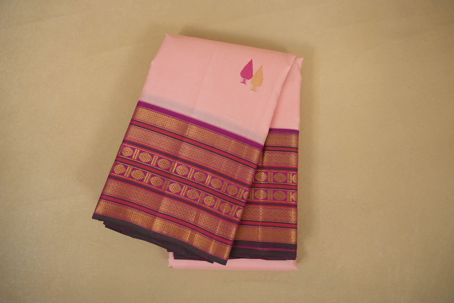 folded Baby Pink with Magenta Borders Vintage Kanjivaram Silk Saree 