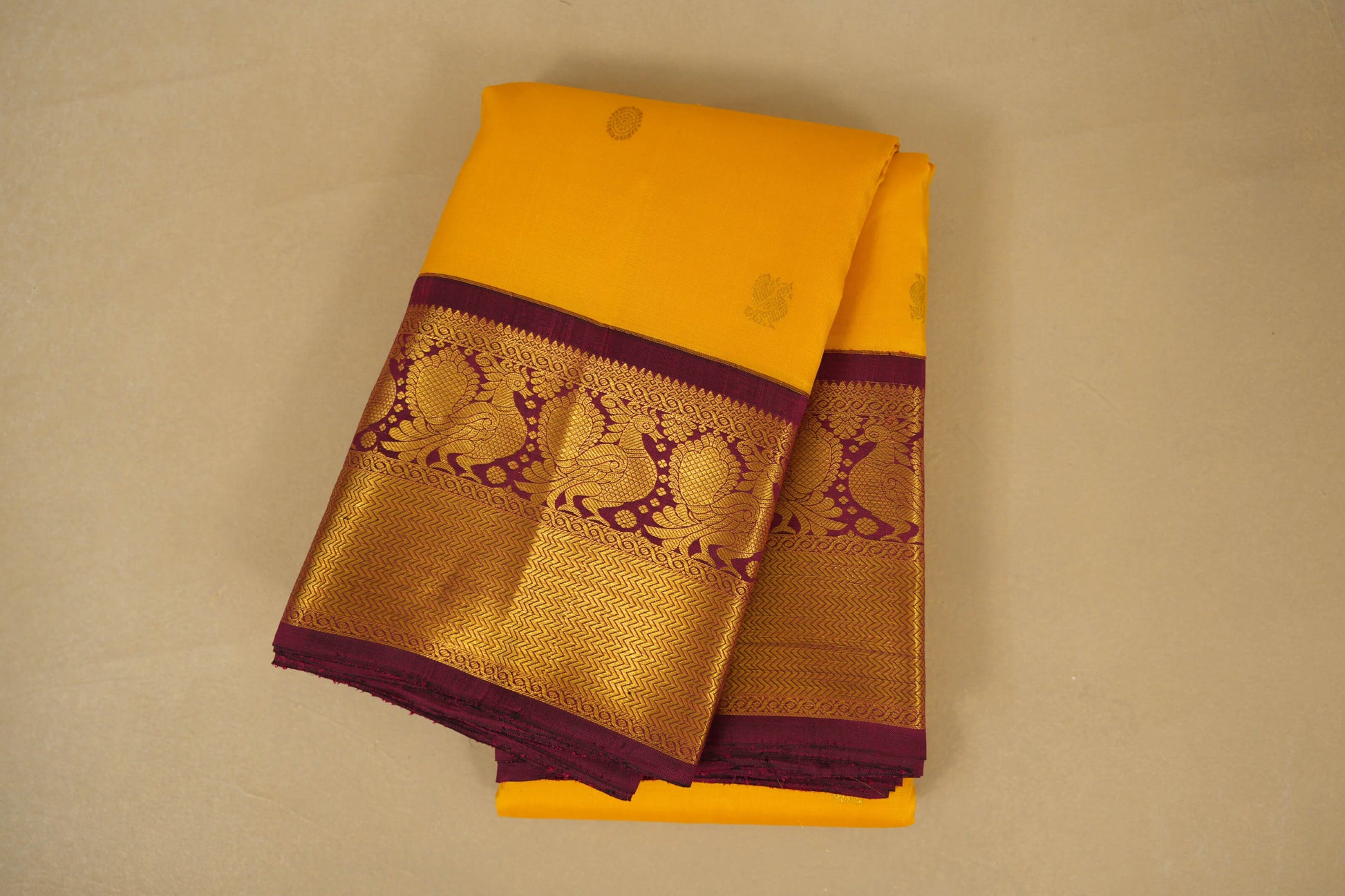 Folded Yellow with Burgundy Maroon Borders Vintage Kanjivaram Silk Saree  