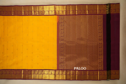 Yellow with Burgundy Maroon Borders Vintage Kanjivaram Silk Saree paloo