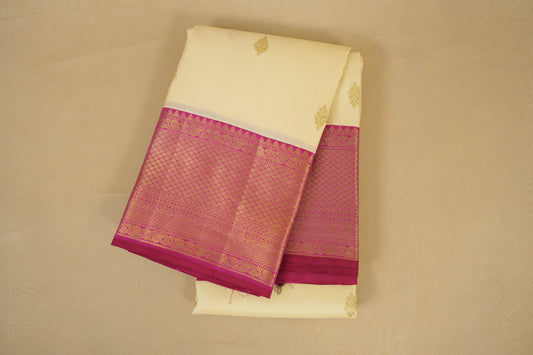 Folded Half White with Pink Borders Vintage Kanjivaram Silk Saree 