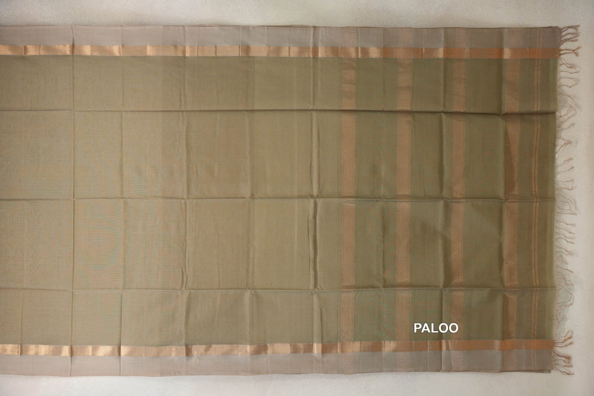 Light olive green Maheshwari silk cotton saree laid flat, with light beige borders, striped pallu on the right and fringed end.