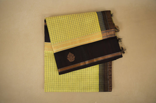 Light Lemon Yellow with Black Borders Silk Cotton Saree by Shreenivas Silks PSSR018355
