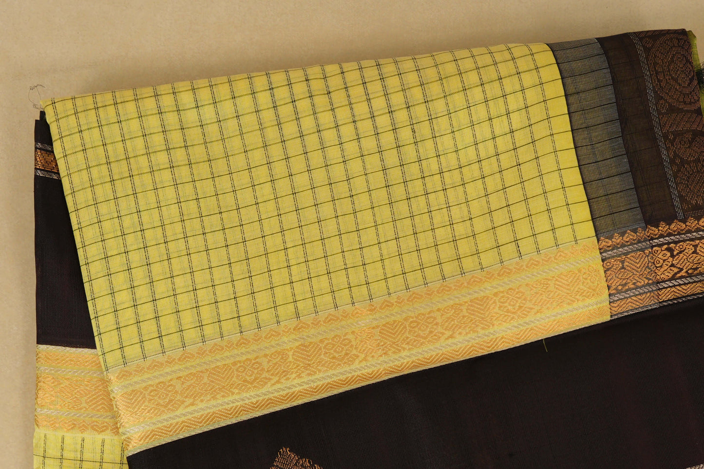 Light Lemon Yellow with Black Borders Silk Cotton Saree by Shreenivas Silks PSSR018355