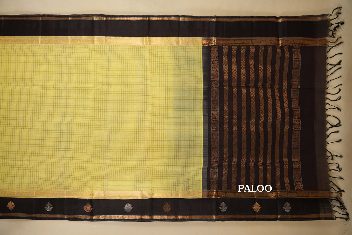 Light Lemon Yellow with Black Borders Silk Cotton Saree by Shreenivas Silks PSSR018355