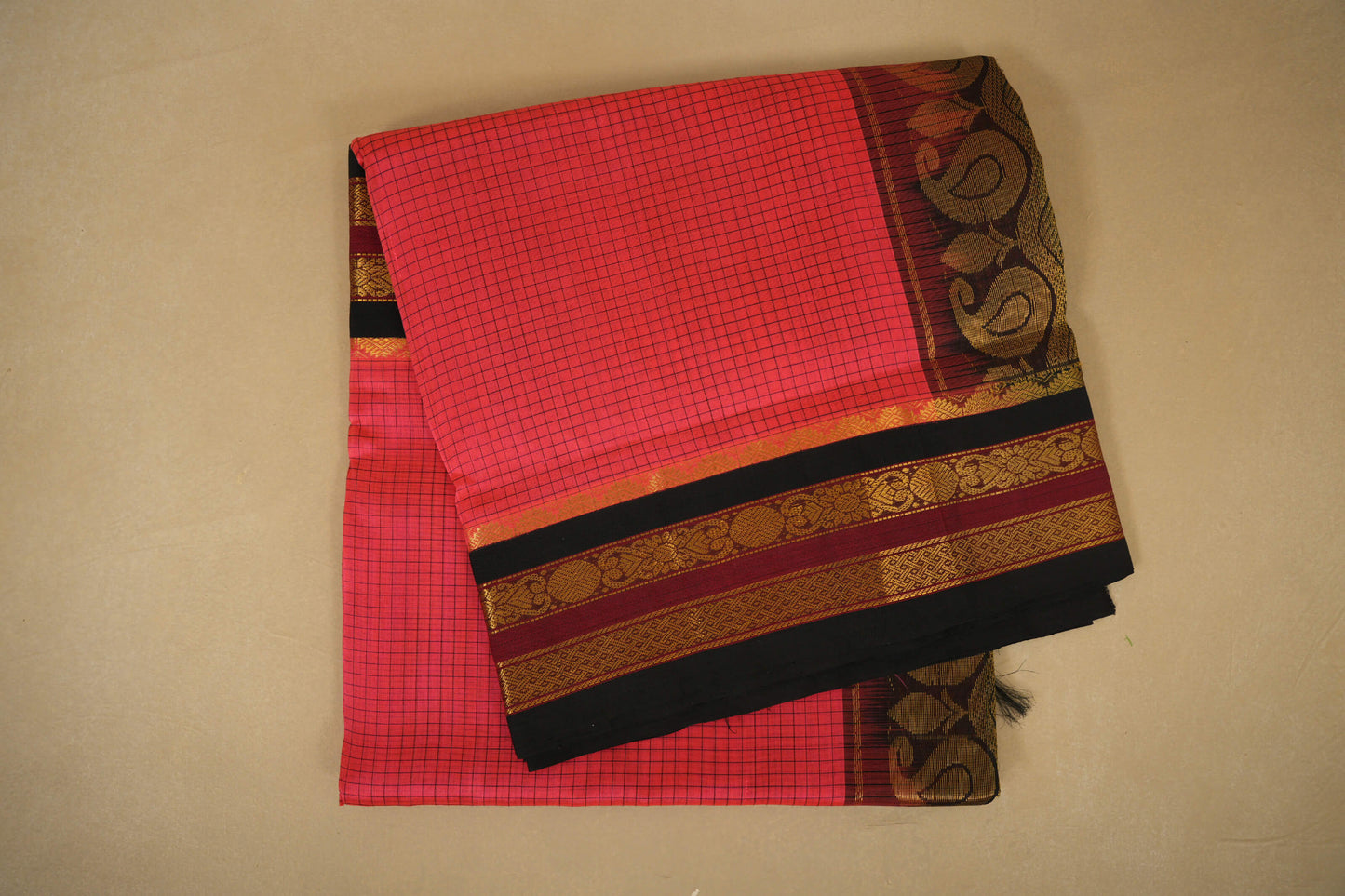 Orangish Pink with Black Borders Silk Cotton Saree by Shreenivas Silks PSSR018356